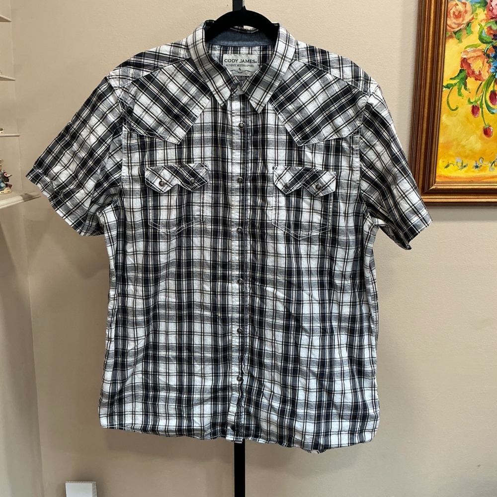 Cody James Western Shirt XL Black Plaid Short Sleeve Pearl Snap Dobby Cotton